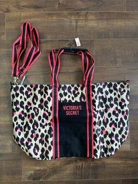Victoria's Secret Black and Pink Leopard Print Canvas Tote